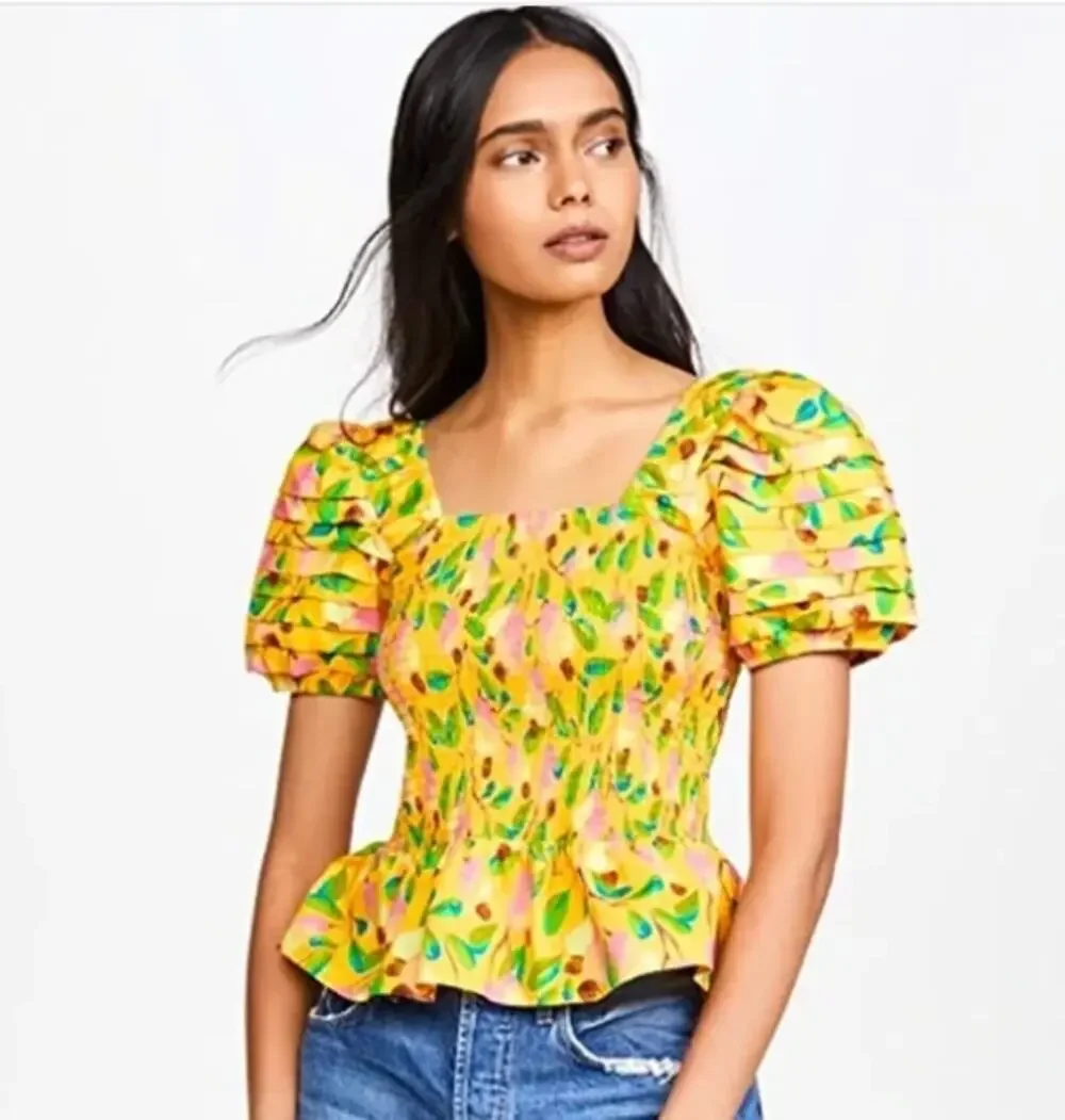 Farm Rio NEW Mini Cashew Yellow Smocked Top, Small